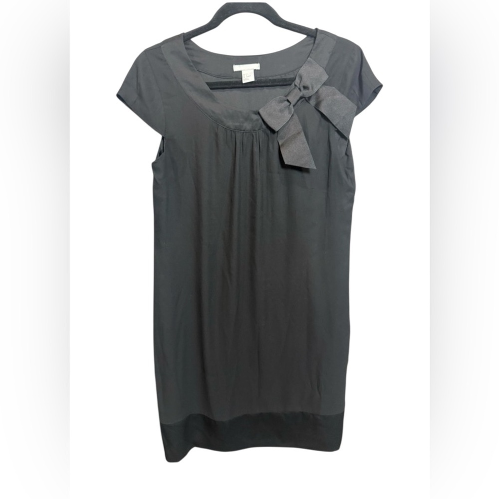 H&M Black‎ Bow Cap Sleeve Slip-On Silky Satin Polyester Shift Dress, Size 6